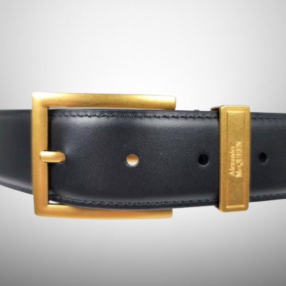 ALEXANDER MCQUEEN Men's The Gold Tone Buckle Belt in Black Calfskin Leather - Picture 4 of 8